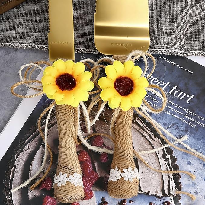 TANG SONG Rustic Wedding Cake Knife and Serving Set with Sunflower Burlap Lace Wedding Cake Knife (Gold-Set of 2)