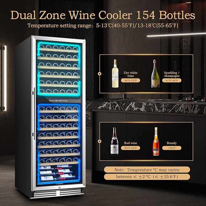 AAOBOSI 24 Inch 154 Bottles Wine Cooler，40-65°F Dual Zone Cooler, 14 Adjustable Shelves，Visualized Temperature Regulation,Uniform Cold Air Circulation