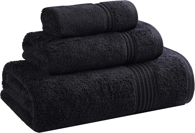 Superior Heritage Egyptian Cotton 3 Piece Towel Set, Heavyweight Towels for Bathroom, Guest Bath, Luxury Home Decor, Plush Absorbent Essentials, Includes 1 Bath, 1 Hand, 1 Face Towel, Black