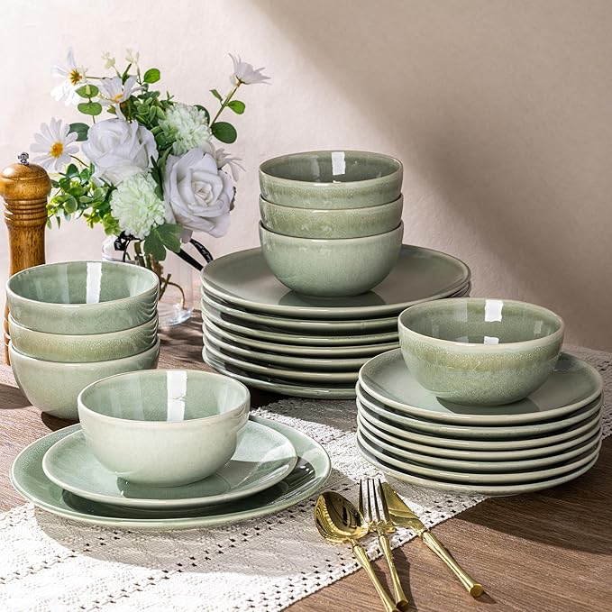 AmorArc Ceramic Dinnerware Sets for 6, 18 Pieces Handpainted Plates and Bowls Set, Scratch Resistant Stoneware Dishes Set, Dishwasher & Microwave Safe, Olive Green