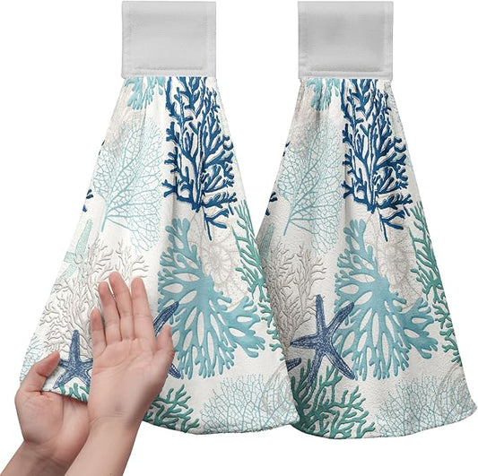 Summer Blue Coral Hanging Hand Towels Set of 2 Beach Ocean Kitchen Dish Towel Coastal Bathroom Towels Seashell Decorative Coral Tie Towels for Bathroom Kitchen Accessories 12x17 Inch