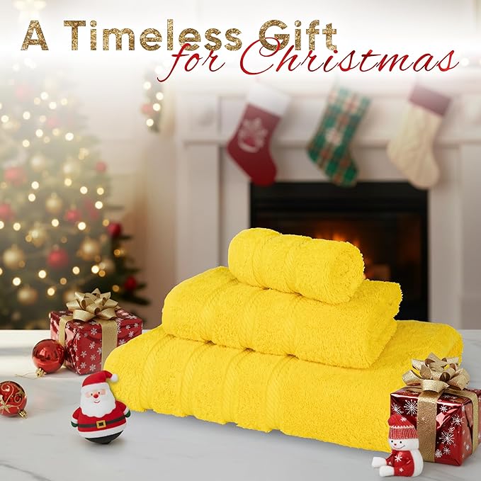 American Soft Linen Premium 3 Piece Towel Set, 1 Bath Towel 1 Hand Towel 1 Washcloth, 600 GSM 100% Cotton Turkish Towels for Bathroom, Yellow Towel Set