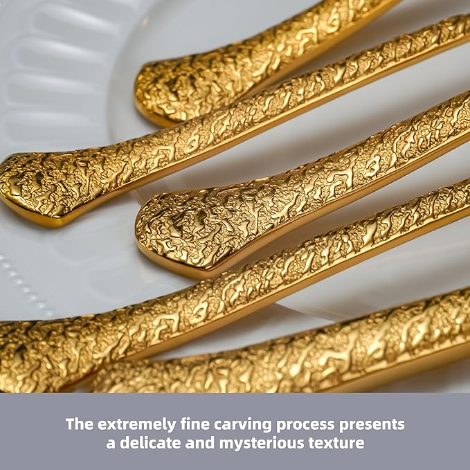 SuperCook 60-Piece Gold Hammered Flatware Set for 12, 18/10 Stainless Steel Silverware Set, Premium Heavy-Duty, Dishwasher Safe, Elegant Gift Idea