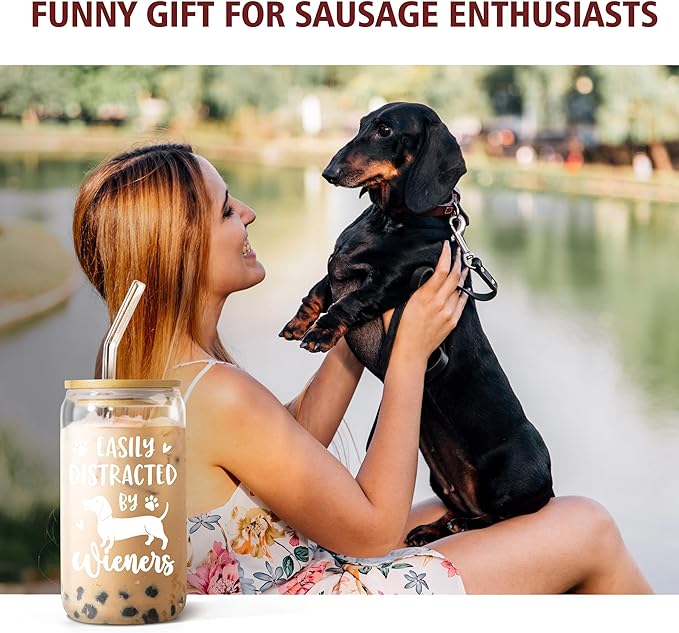 SteadStyle Christmas Dachshund Gifts for Women, Dog Lovers - Glass Drink Cup with Bamboo Lid & Straw (16oz), Birthday Mothers Day Gift For Dackel Owners & Puppy Lovers, Weiner Dog Gifts for Women Mom