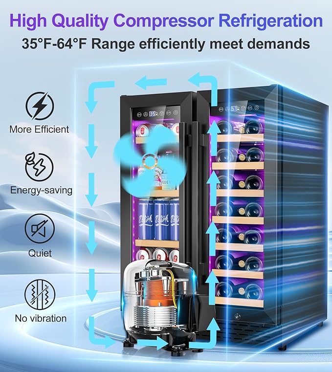 24 Inch Wine and Beverage Refrigerator，90 Can & 21 Bottle Dual Zone Wine Fridge Cooler, Built-In or Under Counter Fridge with 3 LED, Fast Cooling & Low Noise for Home/Kitchen