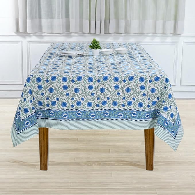 Ridhi Queen Blue Hand Block Print Cotton Rectangle Tablecloth 108" x 60" inches Reusable Table Cover Decorative Everyday Use for Dining, Farmhouse, Home, Party, Festive, Wedding, Fall