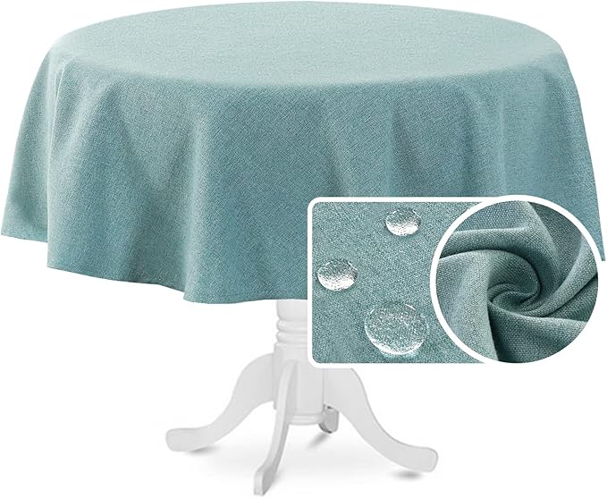 H.VERSAILTEX Linen Textured Tablecloth Round 60 inch Waterproof Decorative Table Cloth Spill-Proof Linen Look Cover for Party Table Extra Soft and Thick Fabric Wrinkle Free, Heather Aqua