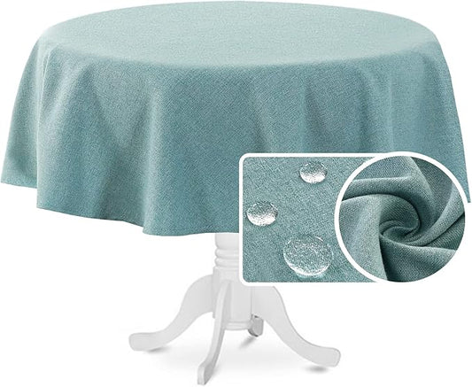 H.VERSAILTEX Linen Textured Tablecloth Round 60 inch Waterproof Decorative Table Cloth Spill-Proof Linen Look Cover for Party Table Extra Soft and Thick Fabric Wrinkle Free, Heather Aqua