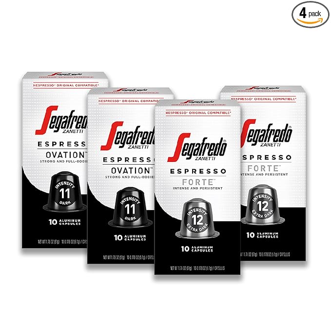 Segafredo Zanetti Espresso Capsules – Aluminum Pods for Nespresso Original Machines – Ovation & Forte Variety Pack Premium Espresso – Dark and Extra Dark Roast – Ovation & Forte, 10 Count (Pack of 4)