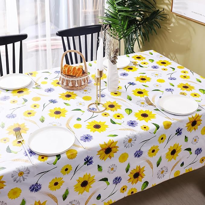 Heavy Duty Vinyl Tablecloth with Flannel Backing Waterproof Oil-Proof Plastic Table Cloth Stain-Resistant Wipeable Rectangle or Square Table Cover for Indoor and Outdoor (Yellow Flower, 52x70 Inch)