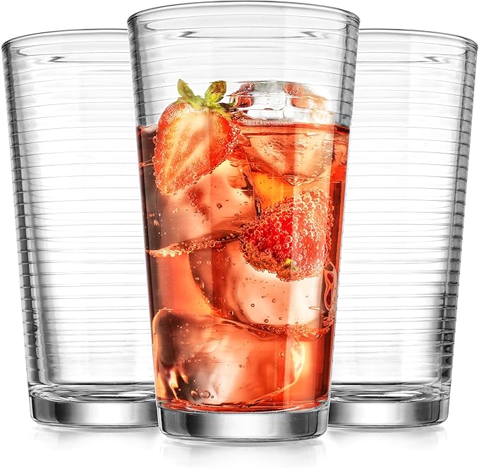 Glaver's Drinking Glasses Set of 10 Highball Glass Cups, Premium Quality 17 Oz. Coolers, Ribbed Glassware. Ideal for Water, Juice, Cocktails, and Iced Tea. Dishwasher Safe.