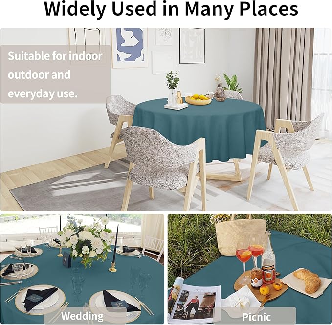 Easy-Going Faux Linen Waterproof Spill-Proof Tablecloth Stain Resistant Round Table Cloth Wrinkle Free Decorative Fabric for Kitchen, Dining, Party, Weddings, Restaurants (70 in-Round, Turquoise)