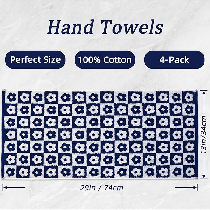 Jacquotha Cotton Hand Towels Navy Checkered Floral - Quick Drying Hand Towel Set of 4 for Kitchen Bathroom Decor, 29” x 13”