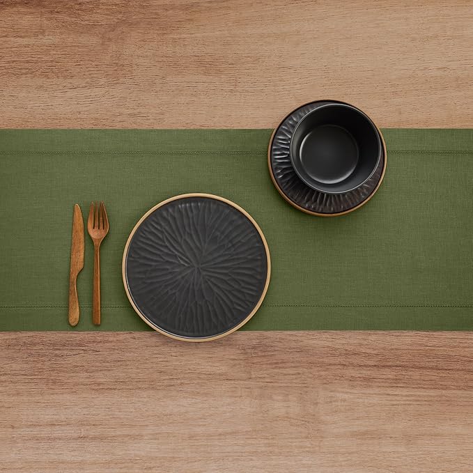 Solino Home Linen Olive Table Runner 108 Inches Long - 100% Pure Linen 14 x 108 Inch Table Runner for New Year - Classic Hemstitch