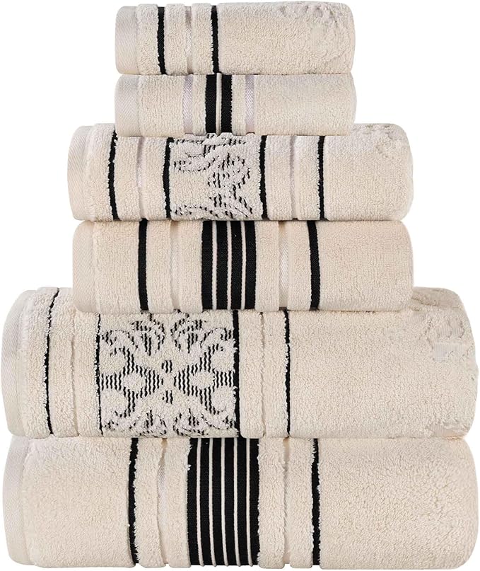 Superior Cotton 6 Piece Assorted Floral Towel Set, Includes 2 Bath, 2 Hand, 2 Washcloth/Face Towels, Quick Dry, Home Essentials, Shower, Spa, Luxury Plush Soft Absorbent Towels, Zero Twist, Ivory