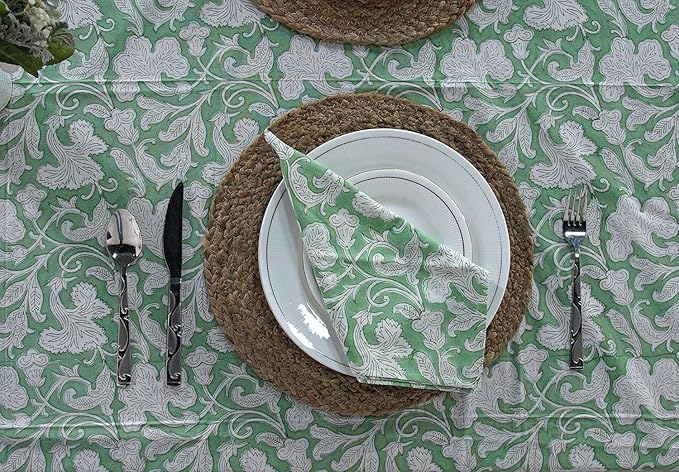 Ridhi - Hand Block Print Cotton Cloth Dinning Table Cover Wedding Farmhouse Thanks Giving Christmas Spring Tablecloth (Sage Green, 10 Seater 80x120 Inches)