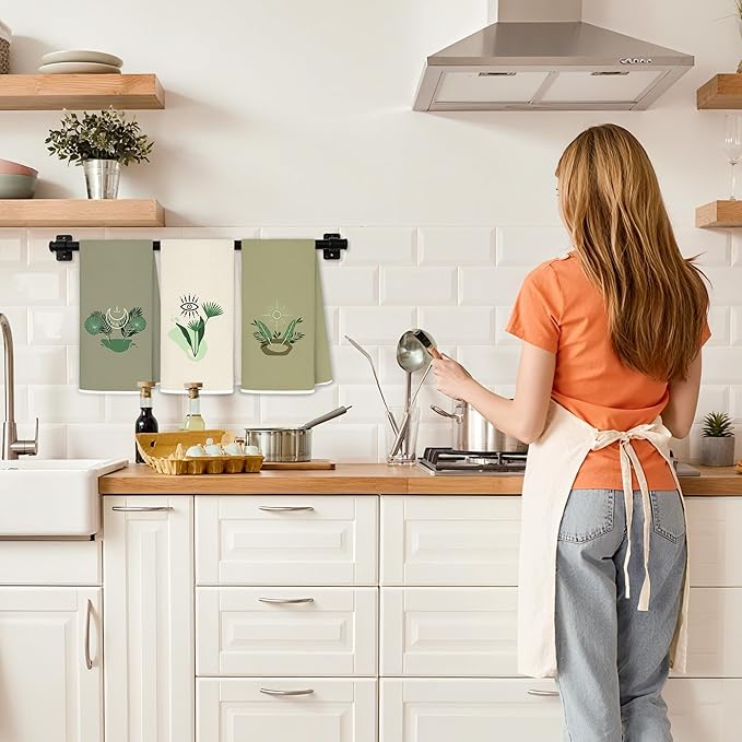 Sage Green Boho Botanical Kitchen Dish Towels, Mystical Witchy Celestial Sun and Moon Evil Eye Decorative Hand Towel for Bathroom, Boho Witchy Kitchen Bathroom Decor, 16x24 Inch Set of 3