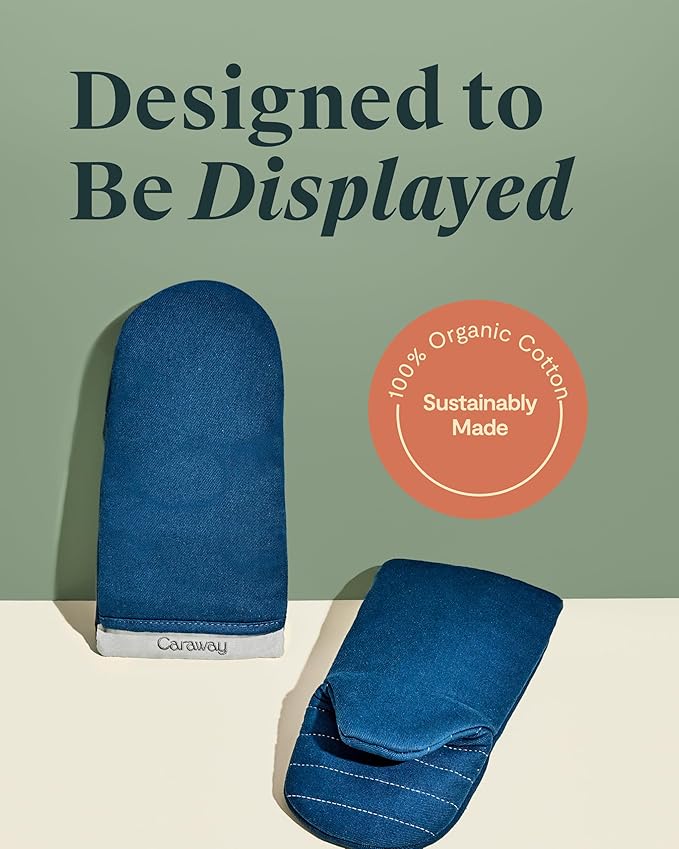 Caraway Oven Mitts - 100% Organic Cotton Oven Mitt - Double-Layer & Stain-Resistant Stitching - Safe Handling of Hot Kitchenware - Set of 2 - Navy