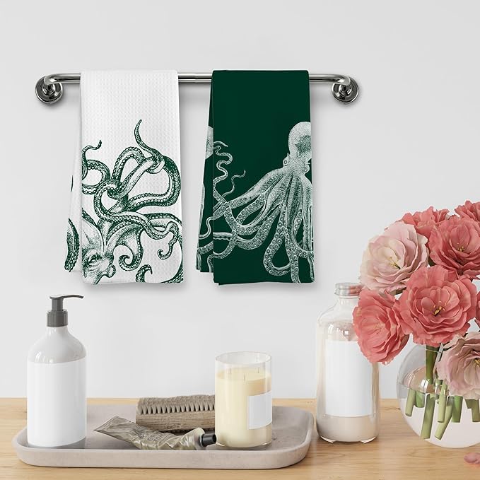 Coastal Octopus Decor Dish Hand Tea Towels for Bathroom Kitchen, Octopus Gothic Witchy Bathroom Decor, Oddities and Curiosities, Dark Green Kitchen Towels and Dishcloths Sets of 2, 16x24 Inch