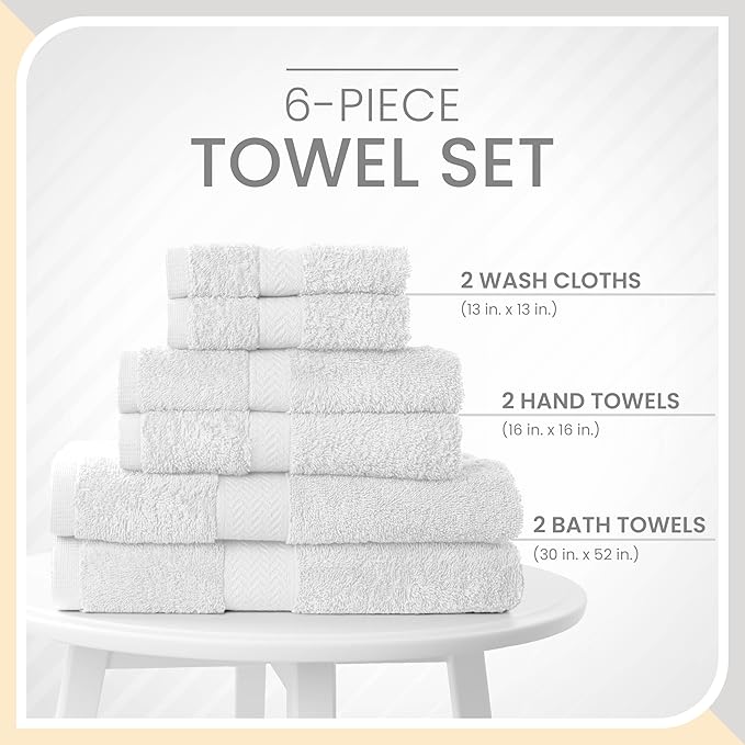 Martex 6-Piece Luxury 100% Cotton Towel Set | Quick Dry | Super Absorbent | Super Soft 100% Ringspun Cotton Towels | 2 Bath Towels | 2 Hand Towels | 2 Wash Cloths | White