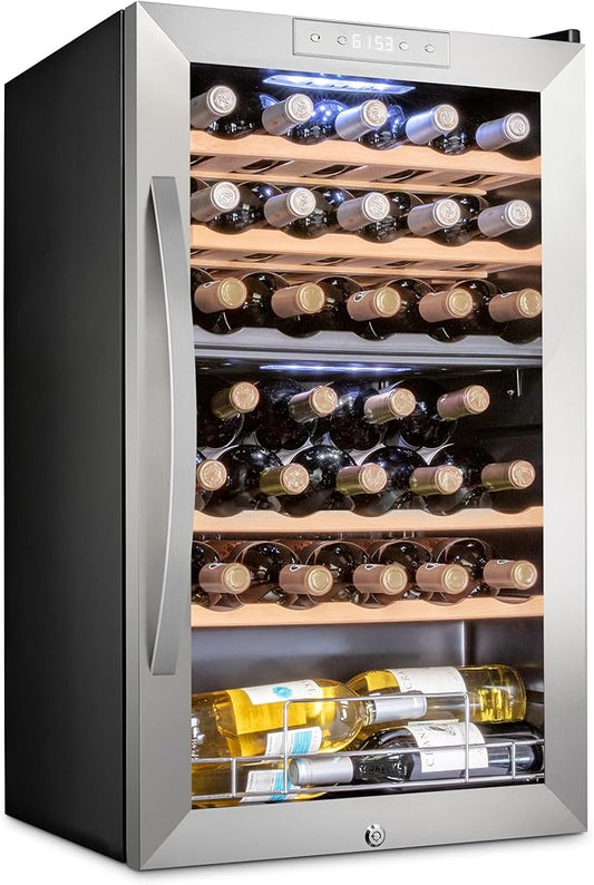 SCHMÉCKÉ 33 Bottle Dual Zone Wine Cooler Refrigerator w/Lock - Large Freestanding Wine Cellar For Red, White, Champagne & Sparkling Wine - 41f-64f Digital Temperature Control Fridge Stainless Steel