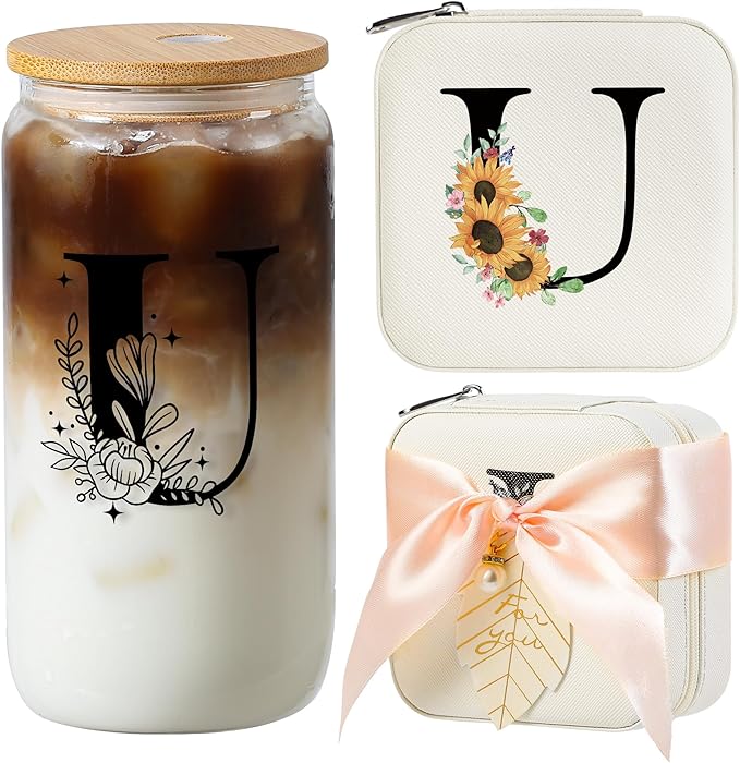 AYGXU Travel Gifts for Women Girls,Small Jewelry Organizer Box,Bridesmaid Proposal Gifts,glass cup with bamboo lid and straw,aesthetic cups,coffee cups,Graduation Gifts for Her Initial U white