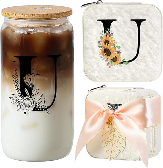 AYGXU Travel Gifts for Women Girls,Small Jewelry Organizer Box,Bridesmaid Proposal Gifts,glass cup with bamboo lid and straw,aesthetic cups,coffee cups,Graduation Gifts for Her Initial U white