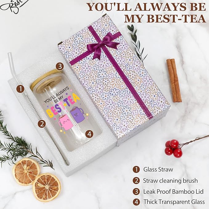 Funny Friendship Gifts for Women Bestie Gift for BFF, Friend, Coworkers, Work Besties - Birthday, Christmas, Office Home Use - You'll Always Be My Best-Tea- 16oz Glass Cup