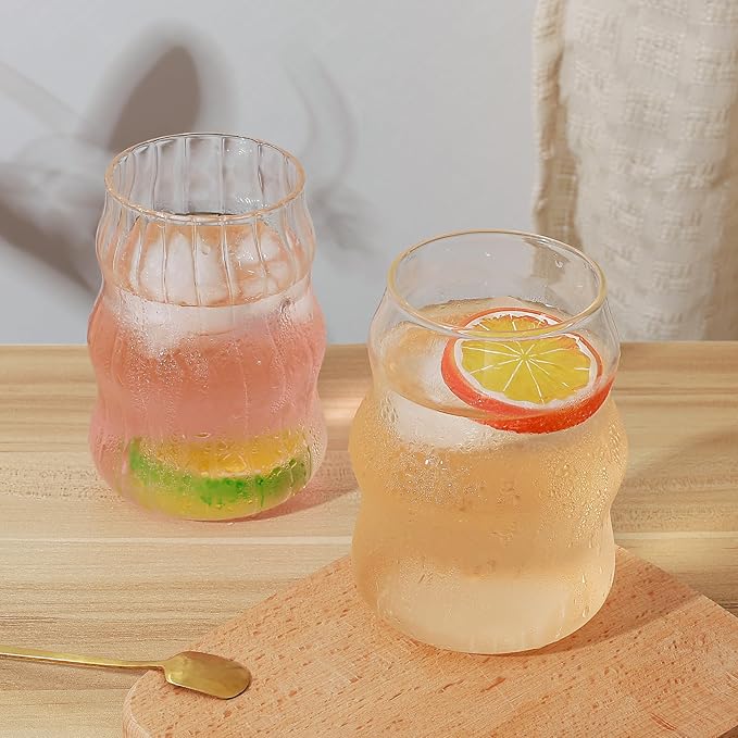 Koythin 2-Piece Ribbed Glass Cups, Vintage Drinking Glassware for Iced Coffee Juice Cocktails Milk Tea Beer, 16 oz/460 ml Cute Bubble Cup with Wave Shape (Cloudy Chubby)