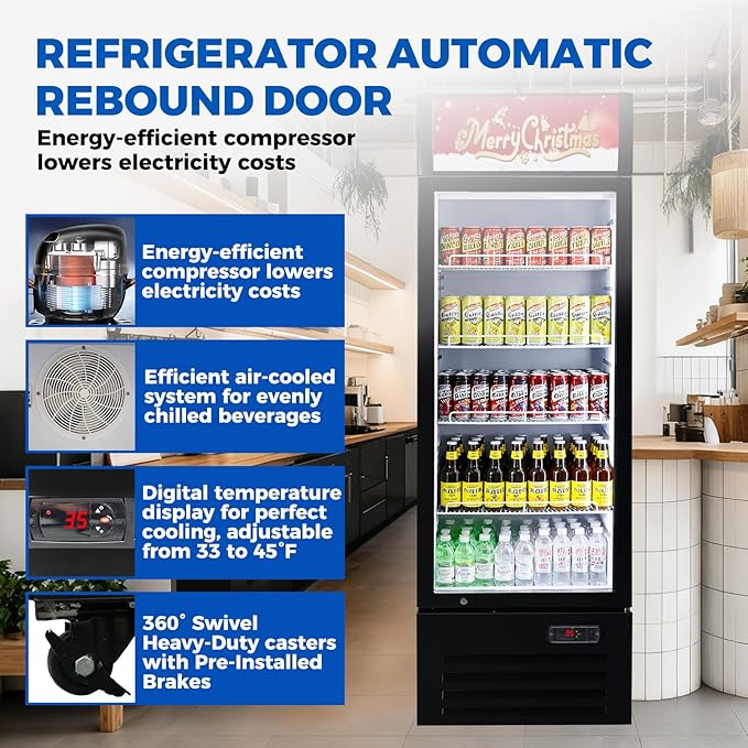 Commercial Refrigerator Beverage Cooler, 12.5 Cu.Ft Display Refrigerator with Glass Door, Drink Fridge with Led Light, 4 Adjustable Shelves, Merchandiser Refrigerator for Beer, Bar, Shop