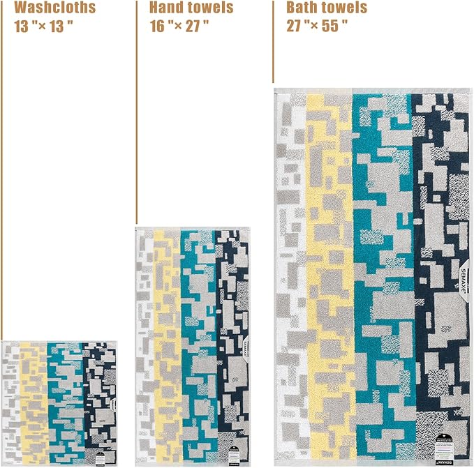 SEMAXE Bath Towel Set of 8 Include 2 Bath Towels 2 Hand Towels 4 Washcloths, 100% Cotton Bathroom Towels with Hanging Loops and Nano-Bio Lifecycle Labels, Colorful Towel - Checkered Collection