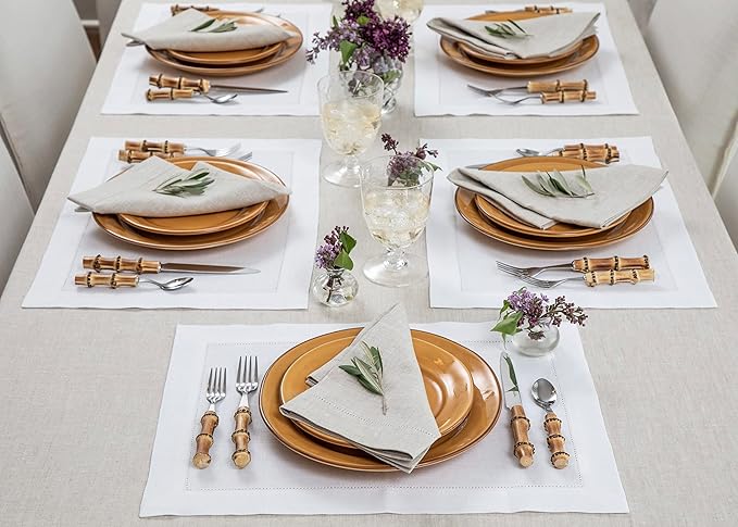 Solino Home Linen Cloth Placemats Set of 4-100% Pure Linen Medium Weight Hemstitch White Placemats 14 x 19 Inch - Handcrafted and Machine Washable Table Place Mats for Valentines
