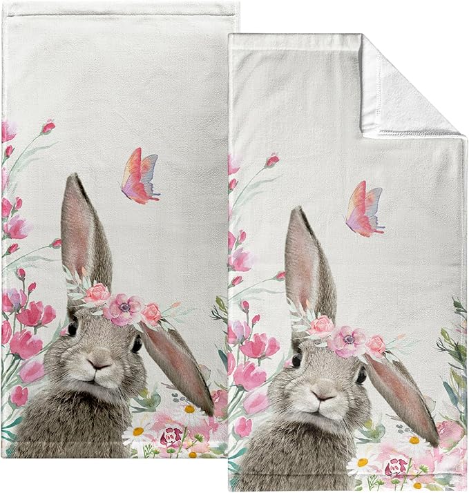 Easter Bunny Hand Towels Spring Cute Rabbits Kitchen Towel Flowers Soft Portable Dish Tea Towels Washcloths for Kitchen Bathroom Decorations 14.4X 28.3