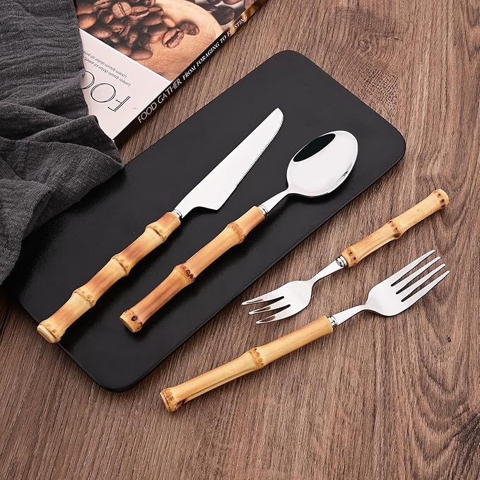 8-Piece Natural Bamboo Small Dessert Forks, 6.3 Inches Stainless Steel with Bamboo Handle, Cake Forks