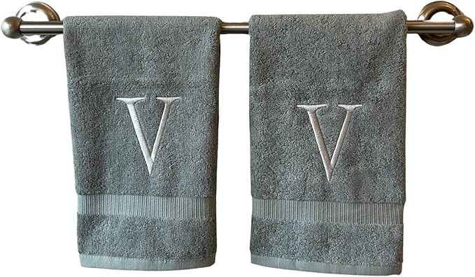Gray Initial Hand Towel for Bathroom - Monogrammed Luxury Hotel Quality Decorative Embroidered Towel for Powder Room, Spa - GOTS Organic Certified - Set of 2 Silver Letter V