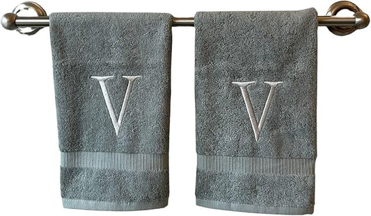 Gray Initial Hand Towel for Bathroom - Monogrammed Luxury Hotel Quality Decorative Embroidered Towel for Powder Room, Spa - GOTS Organic Certified - Set of 2 Silver Letter V