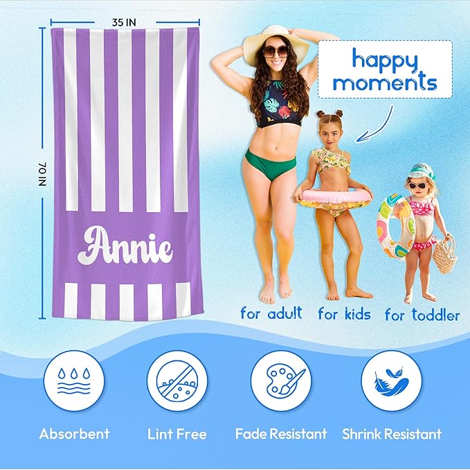 JML Personalized Beach Towel with Name, Custom Cabana Stripe Beach Towel, Customized Microfiber Pool Towel, Quick Dry & Absorbent Swim Towel for Adult,Mother's Day, Birthday, Summer Holiday,Vacation