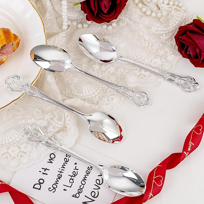 30PCS Silver Plastic Spoons - Silver Spoons Disposable - 8.1 Inch Heavy Duty Plastic Silverware - Heavyweight Elegant Disposable Utensils for Catering, Parties, Dinners, Weddings