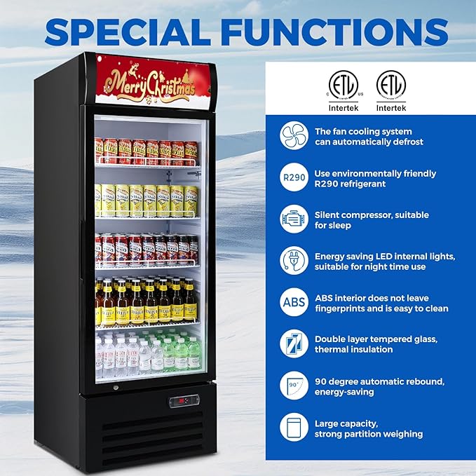 Commercial Refrigerator Beverage Cooler, 12.5 Cu.Ft Display Refrigerator with Glass Door, Drink Fridge with Led Light, 4 Adjustable Shelves, Merchandiser Refrigerator for Beer, Bar, Shop