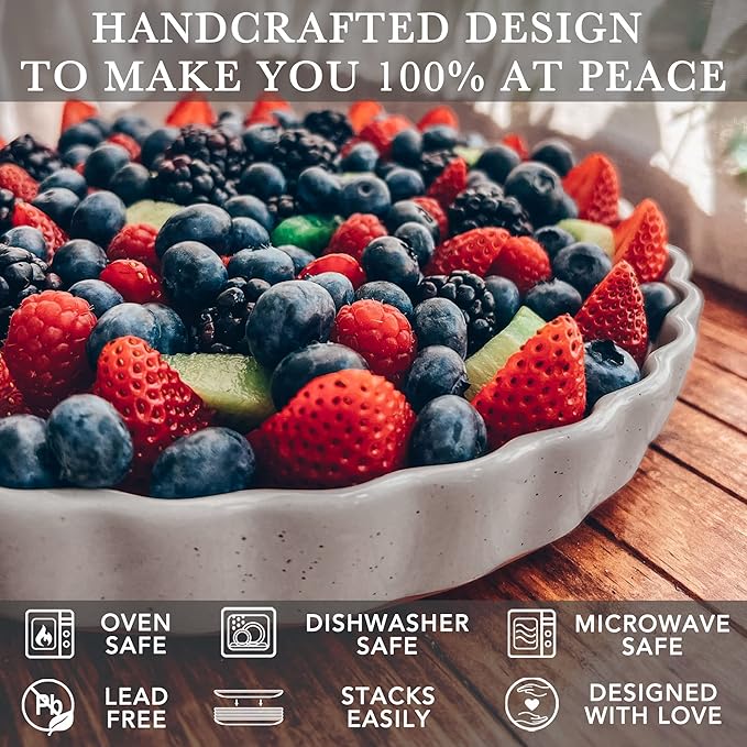 MORA Ceramic Tart Pan, 9.5 Inch Large Porcelain Baking Dish for Tarts, Quiche, Pie, Flan etc. Fluted Ruffled Edge, Oven, Microwave, Freezer, and Dishwasher safe - Great Gift For Bakers - Earl Grey