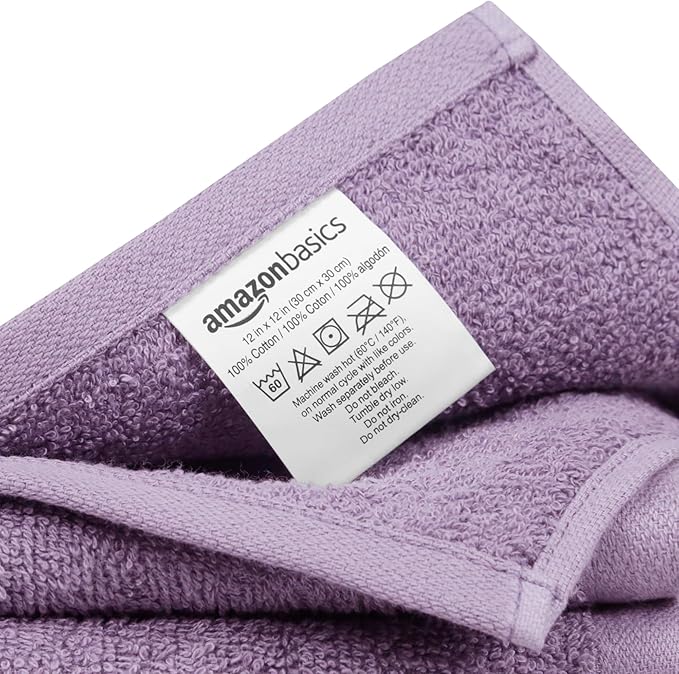 Amazon Basics face Towels for bathroom, 100% Cotton Extra Absorbent washcloth, Fast Drying - salon towel - 24 Pack Lavender (12 x 12 inches)