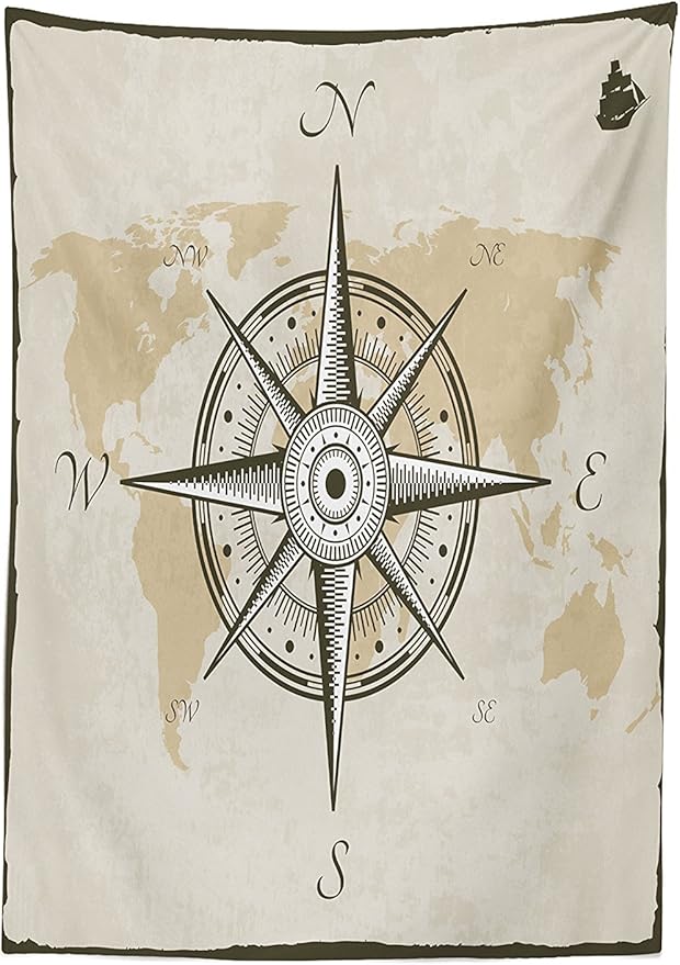Ambesonne Compass Tablecloth, Nautical Compass on Background Old Map with Torn Border Frame Illustration Print, Rectangular Table Cover for Dining Room Kitchen Decor, 52" X 70", Brown Beige