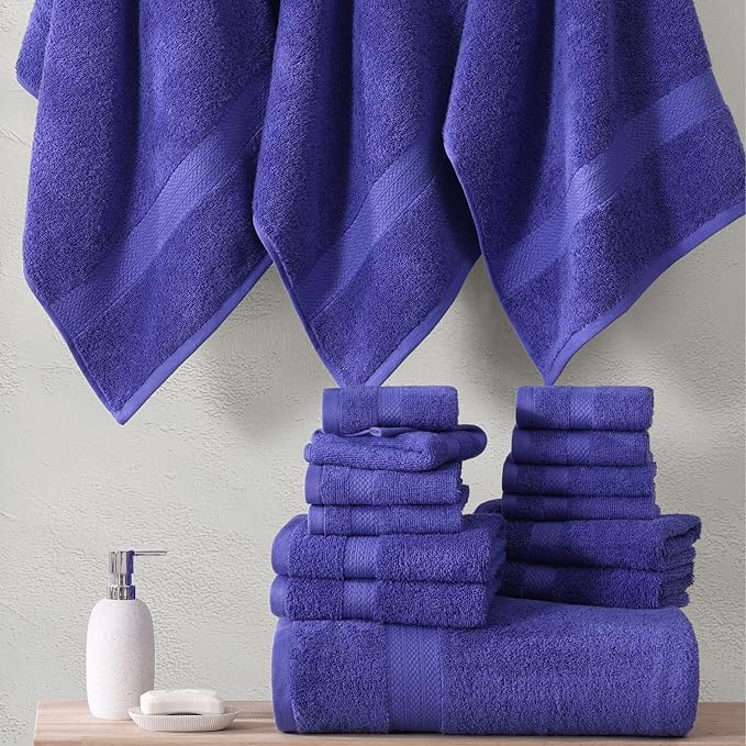 LANE LINEN Cotton Bath Towel Set - 18 PCs - 4 Shower Towels, 8 Washcloths, 6 Turkish Hand Towels for Bathroom - Sustainably Produced, Ultra Soft & Absorbent - Blue Irish
