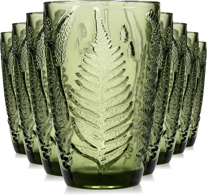 Vintage Green Drinking Glasses Set of 8, 12 oz Handcrafted Green Glass Tumblers, Fern Embossed Antique Colored Glassware, Boho Aesthetic Textured Highball Cups, Retro Drinkware Christmas Gift Set