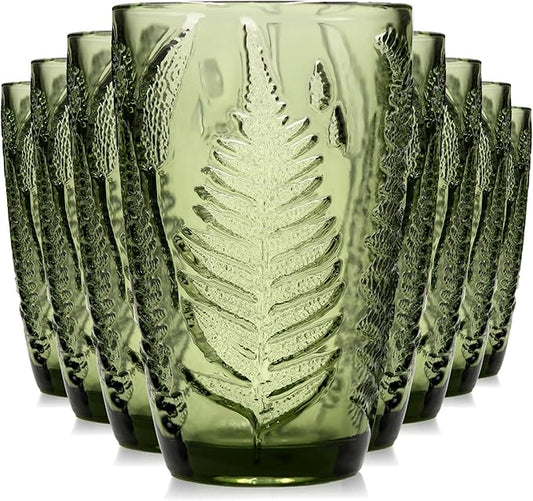 Vintage Green Drinking Glasses Set of 8, 12 oz Handcrafted Green Glass Tumblers, Fern Embossed Antique Colored Glassware, Boho Aesthetic Textured Highball Cups, Retro Drinkware Christmas Gift Set