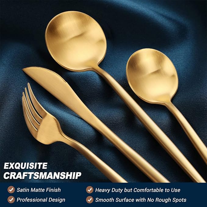 EUIRIO 48-Piece Matte Gold Silverware Set with Steak Knives, Gold Flatware Set for 8, Stainless Steel Forks and Spoons Silverware Sets, Gold Cutlery Utensils Set, Satin Finish & Dishwasher Safe