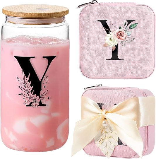 AYGXU Travel Gifts for Women,16oz glass cups with lids and straws,mom birthday gifts,aesthetic cups,coffee cups,travel jewelry case organizer,Travel Essentials Small Jewelry Box,Initial Y pink