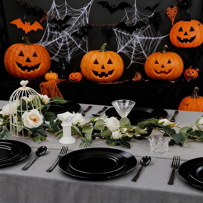 KIRE 400PCS Black Plastic Spoons and Forks Disposable - Black Plastic Silverware Set Disposable Cutlery - 200 Forks, 200 Spoons for New Year/Wedding