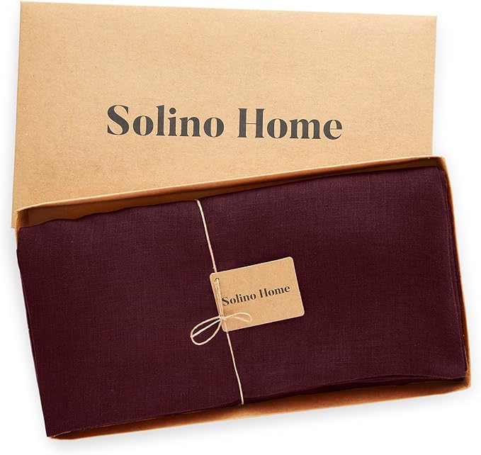 Solino Home Linen Round Tablecloth 70 Inch - 100% Pure Linen Burgundy Round Tablecloth - Machine Washable Table Cloth for Christmas, New Year - Sonoma