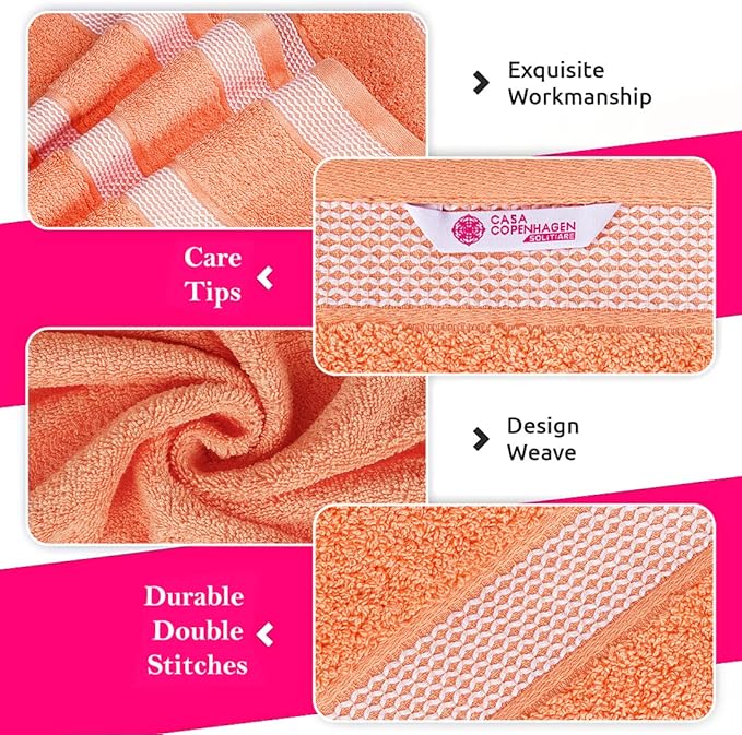 CASA COPENHAGEN Solitaire 6 Pieces Towel Set- Malibu Peach, 600 GSM 2 Bath Towel 2 Hand Towel 2 Washcloth, Designed in Denmark Made of Soft Egyptian Cotton for Bathroom, Kitchen & Shower